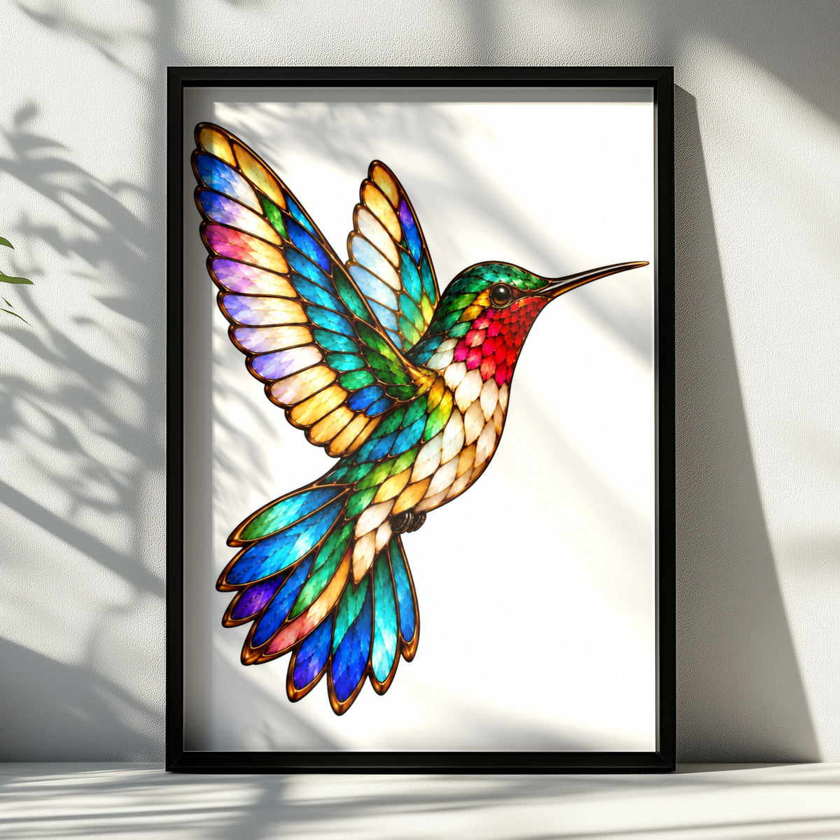 Stained Glass Hummingbird Poster, Colourful Bird Wall Art, Rainbow Feather Print, Nature Lover Gift, Living Room Bedroom Decor Poster