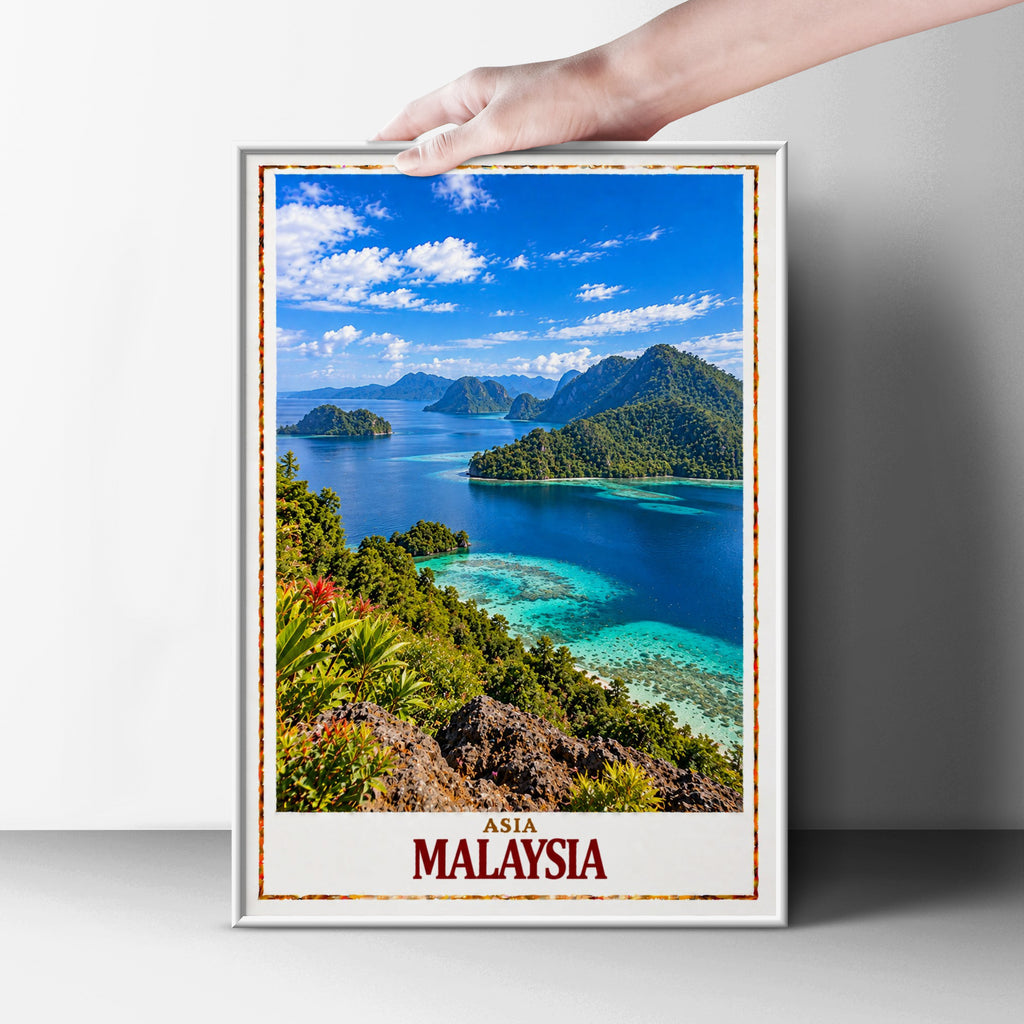 Malaysia Travel Poster, Tropical Island Wall Art, Southeast Asia Print, Turquoise Ocean, Jungle Landscape, Holiday Gift for Travellers