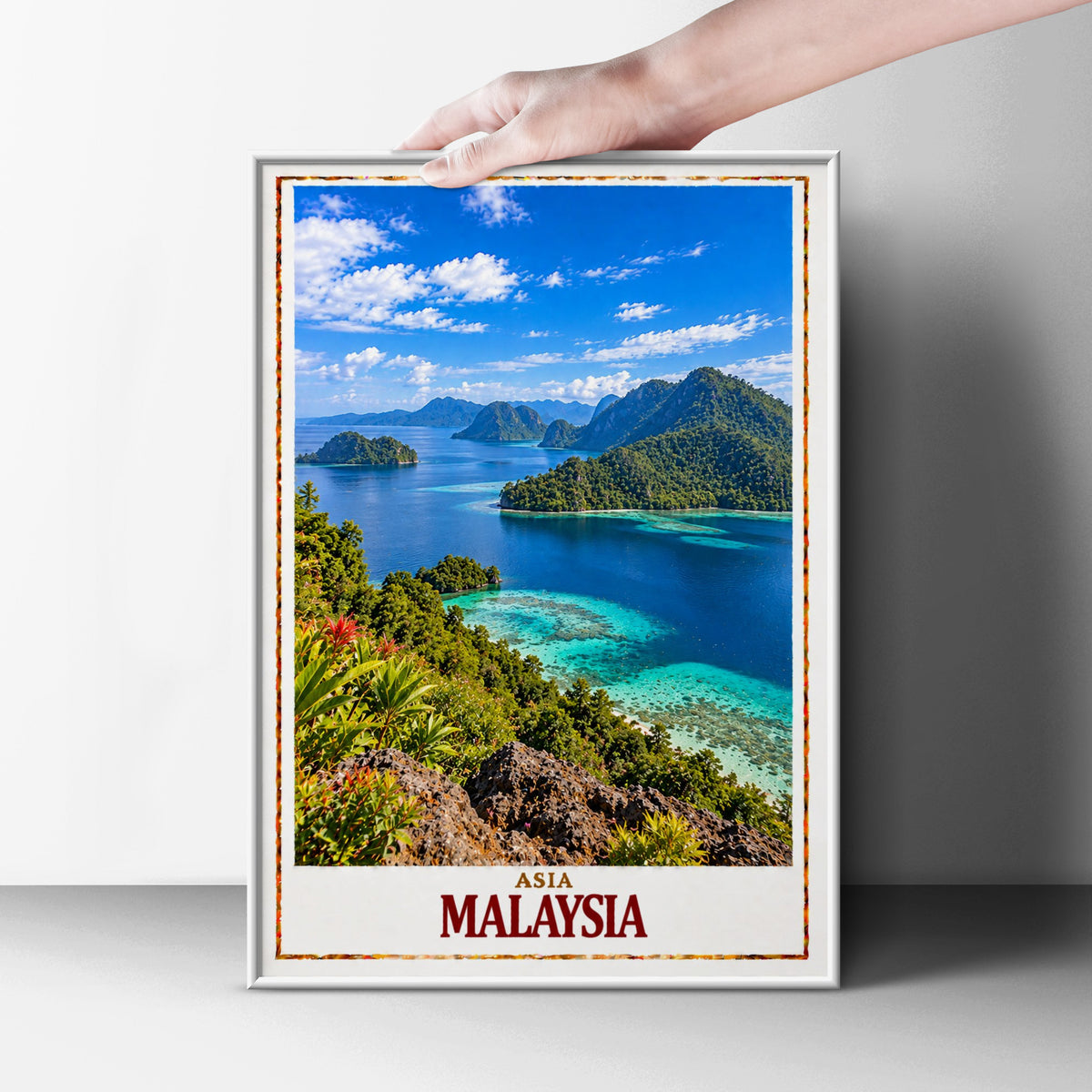 Malaysia Travel Poster, Tropical Island Wall Art, Southeast Asia Print, Turquoise Ocean, Jungle Landscape, Holiday Gift for Travellers