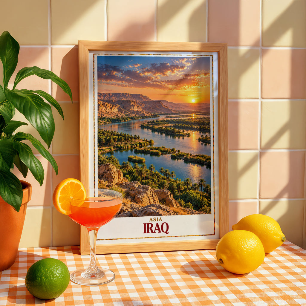 Iraq Travel Poster, Mesopotamia River Sunset Wall Art, Middle East Landscape Print, Palm Trees Desert Scenery, Iraqi Home Decor Gift