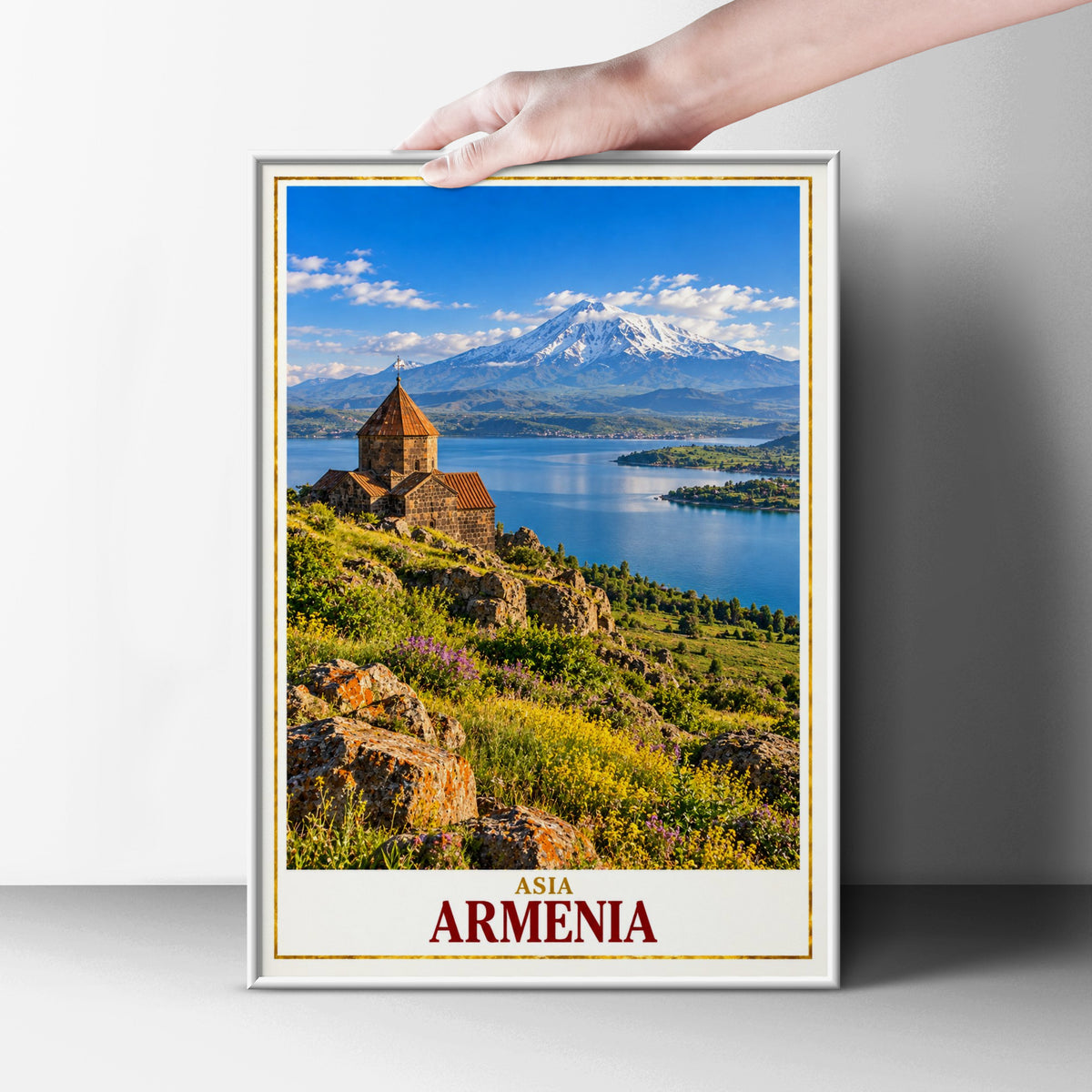 Armenia Travel Poster, Lake Sevan Church Wall Art, Mount Ararat Print, Caucasus Landscape, Yerevan Gift, Vintage Style Travel Art Poster