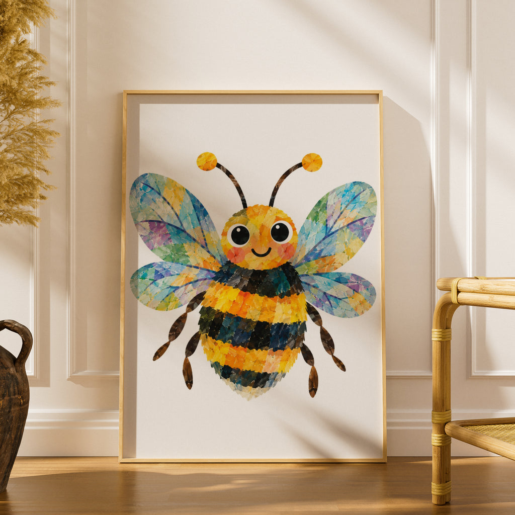 Cute Bumblebee Poster, Colourful Bee Wall Art for Kids, Nursery Decor, Children's Room Print, Yellow Blue Bee Art, Playful Animal Poster