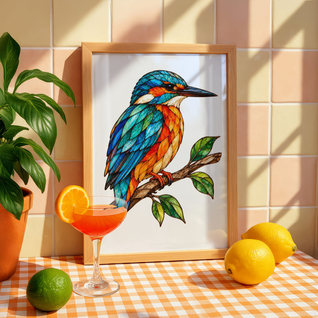 Stained Glass Kingfisher Poster, Colourful Bird Wall Art, Teal Orange Nature Print, Wildlife Decor, Bird Lover Gift, Botanical Branch Art