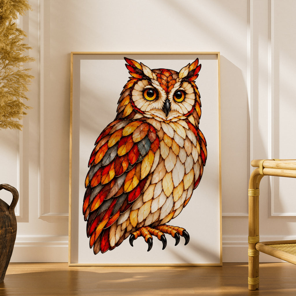 Stained Glass Owl Poster, Colourful Bird Wall Art, Orange Red Autumn Owl Print, Wildlife Decor, Bold Feather Art for Living Room or Study