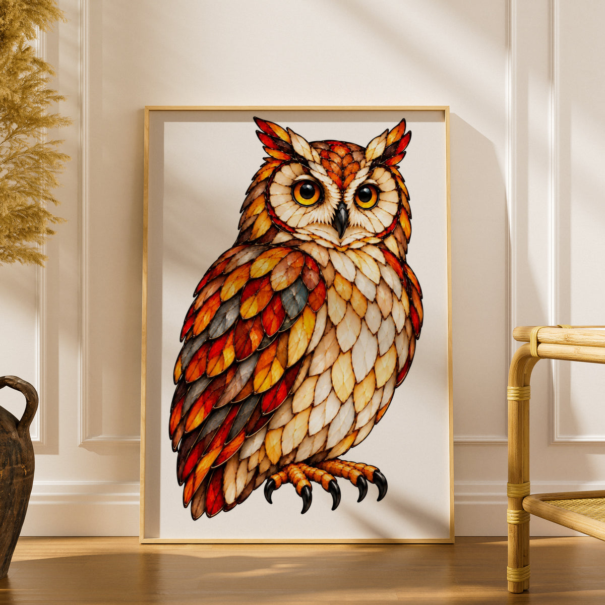 Stained Glass Owl Poster, Colourful Bird Wall Art, Orange Red Autumn Owl Print, Wildlife Decor, Bold Feather Art for Living Room or Study