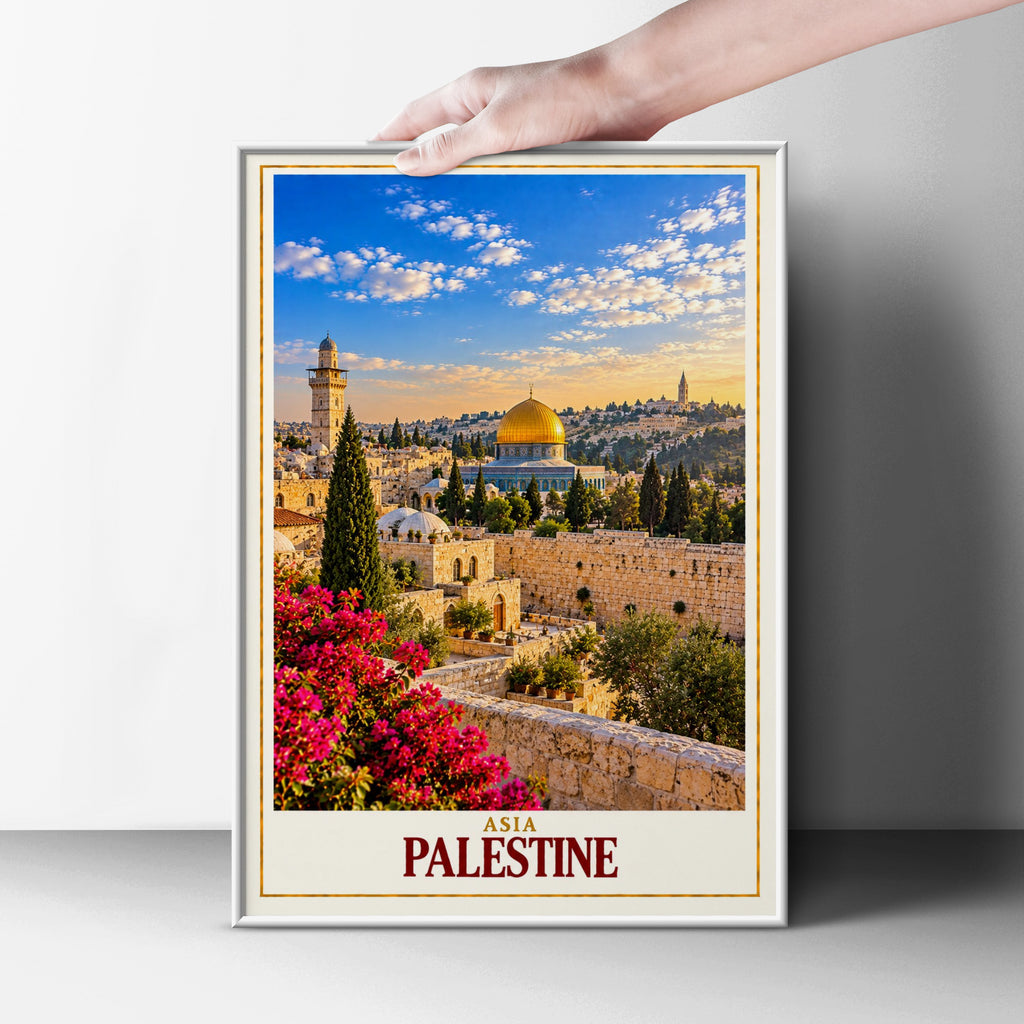 Palestine Travel Poster, Jerusalem Dome of the Rock Wall Art, Old City Print, Middle East Cityscape, Islamic Architecture Home Decor Gift
