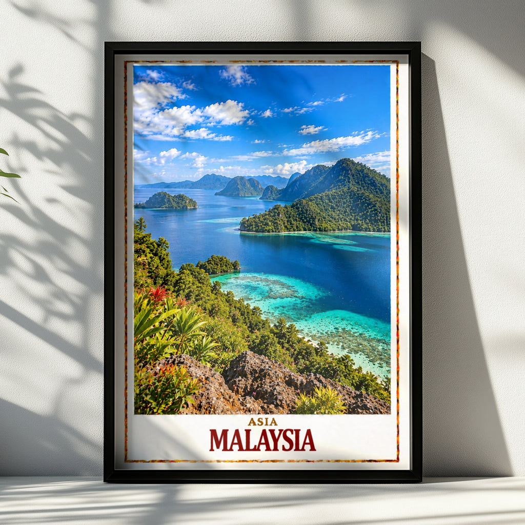 Malaysia Travel Poster, Tropical Island Wall Art, Southeast Asia Print, Turquoise Ocean, Jungle Landscape, Holiday Gift for Travellers