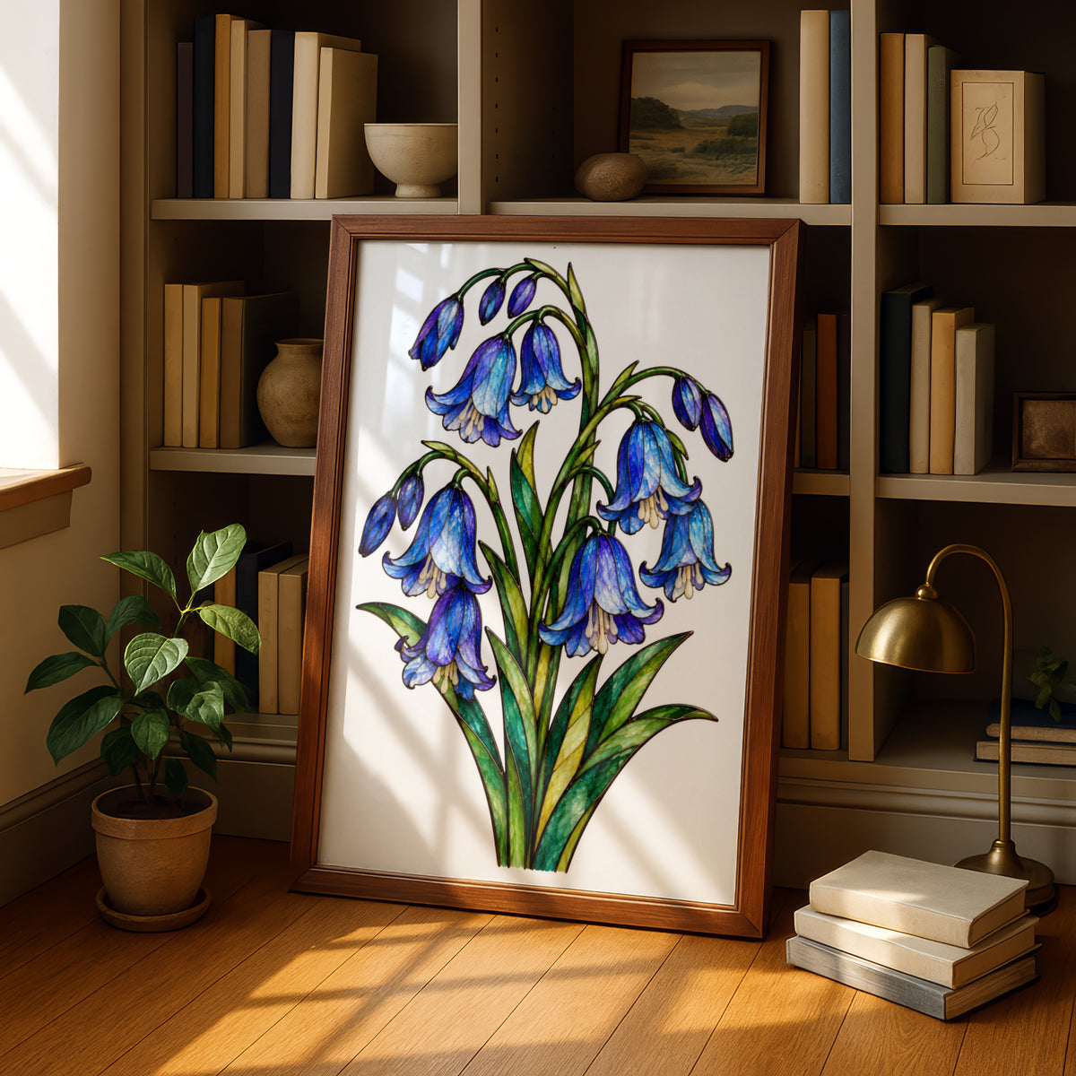 Bluebell Stained Glass Poster, Blue Floral Wall Art, Botanical Bell Flower Print, Nature Lover Gift, Living Room Bedroom Hallway Decor
