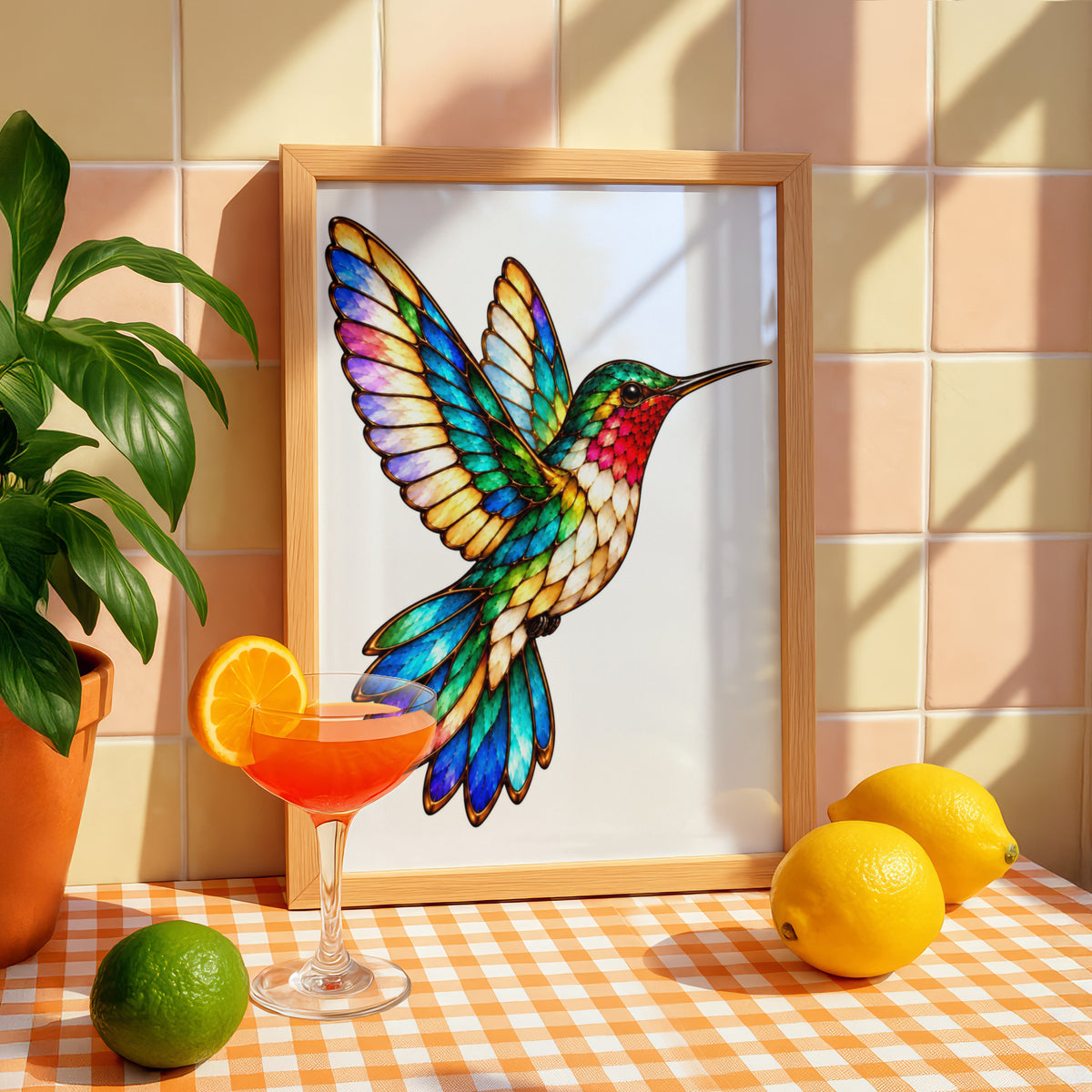 Stained Glass Hummingbird Poster, Colourful Bird Wall Art, Rainbow Feather Print, Nature Lover Gift, Living Room Bedroom Decor Poster