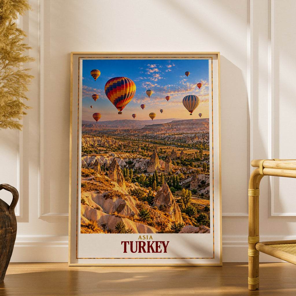 Turkey Travel Poster, Cappadocia Hot Air Balloon Print, Fairy Chimneys Wall Art, Turkish Landscape, Wanderlust Gift, Living Room Decor