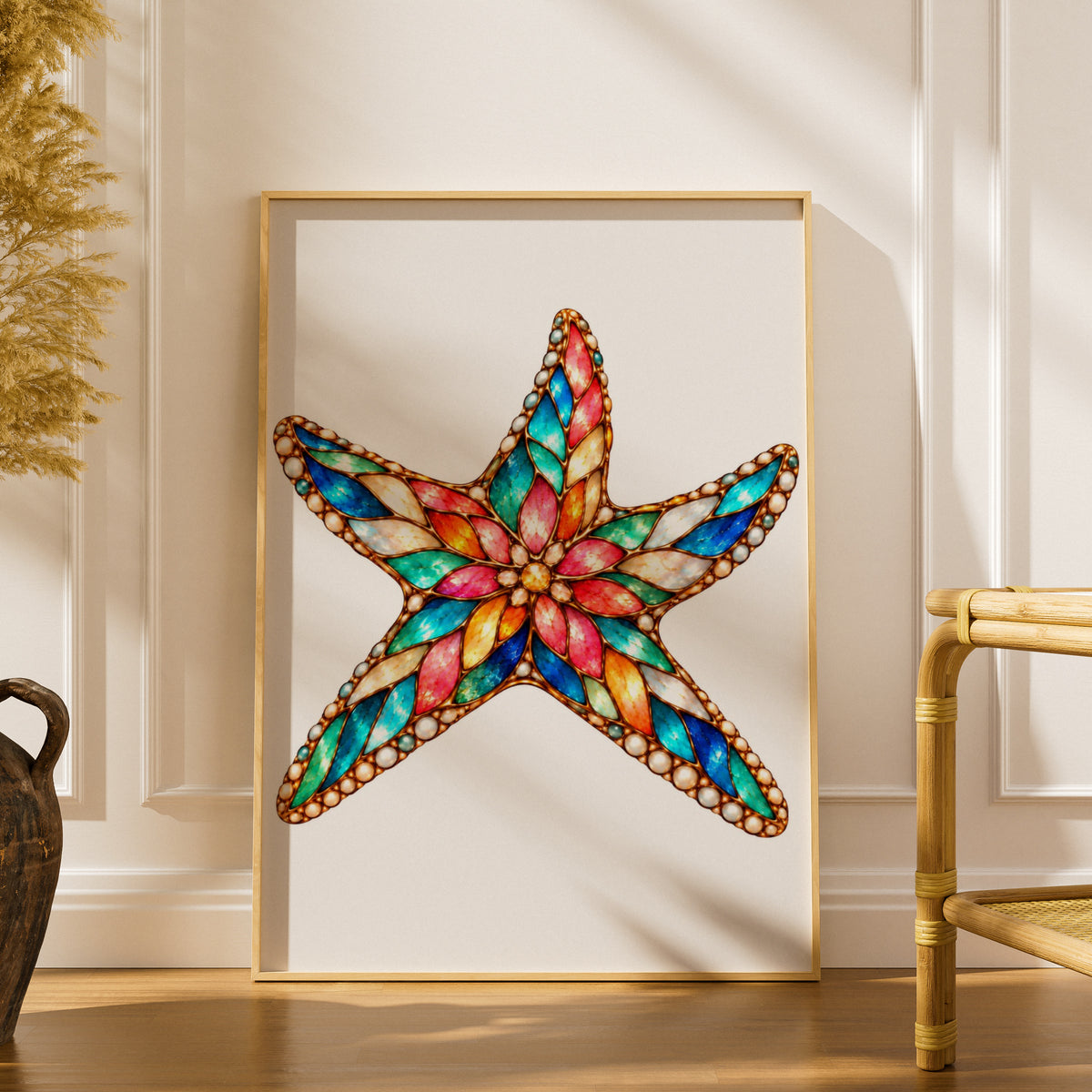Stained Glass Starfish Poster, Jewelled Sea Star Art Print, Colourful Coastal Wall Art, Ocean Bathroom Decor, Nautical Beach House Print