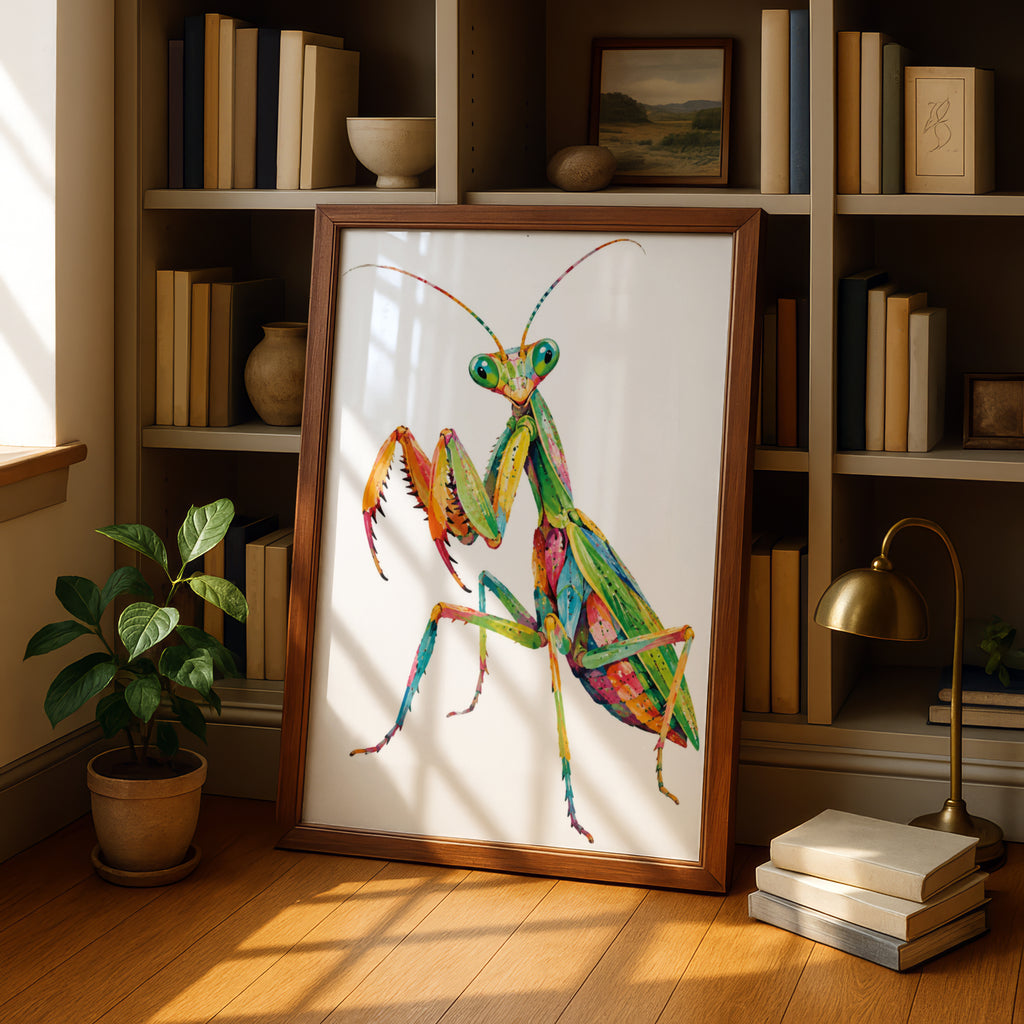 Colourful Praying Mantis Poster, Vibrant Insect Wall Art, Bold Bug Print, Nature Lover Gift, Quirky Wildlife Decor for Home or Office