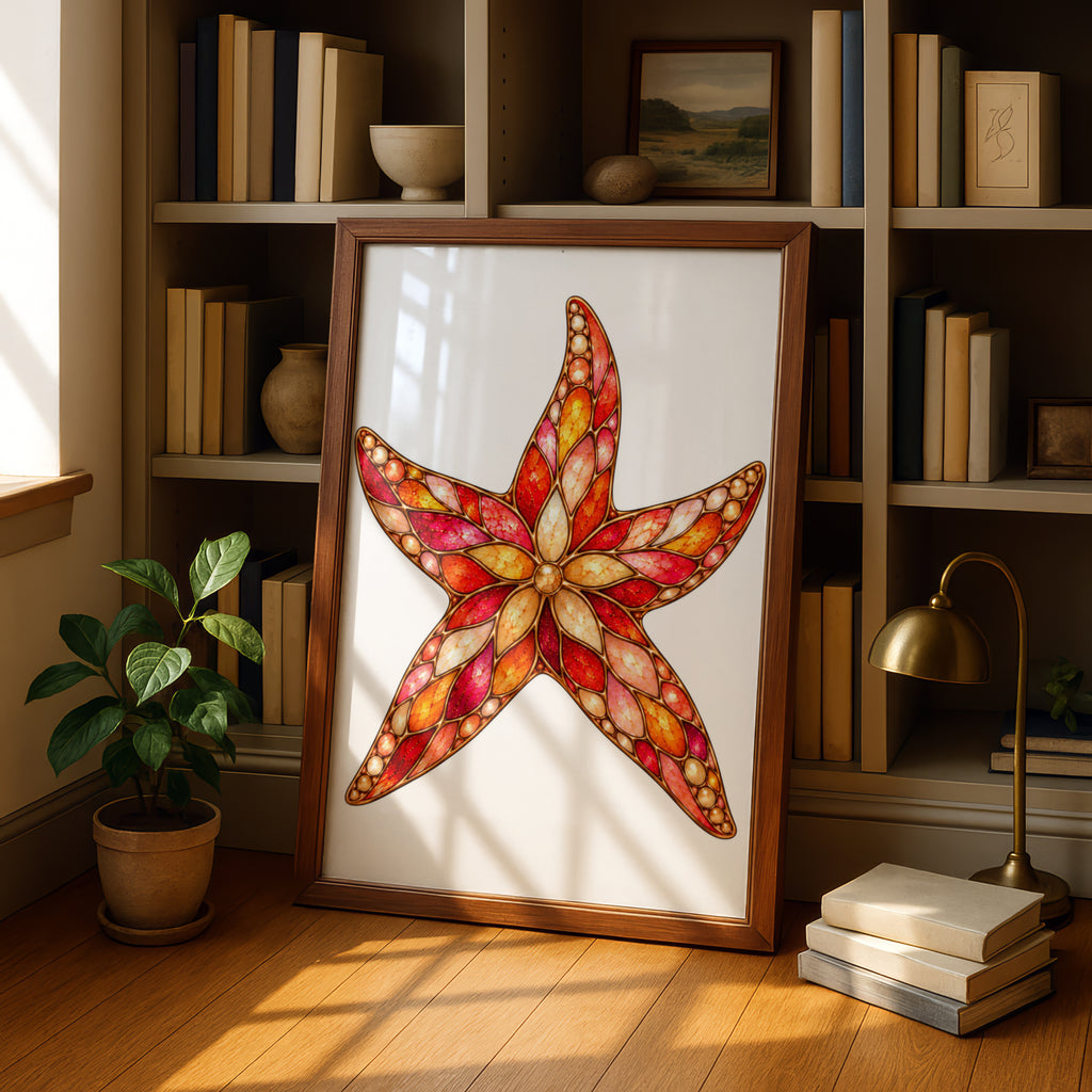 Jewelled Starfish Poster, Stained Glass Ocean Art Print, Red Orange Coastal Wall Art, Nautical Home Decor, Sea Creature Illustration