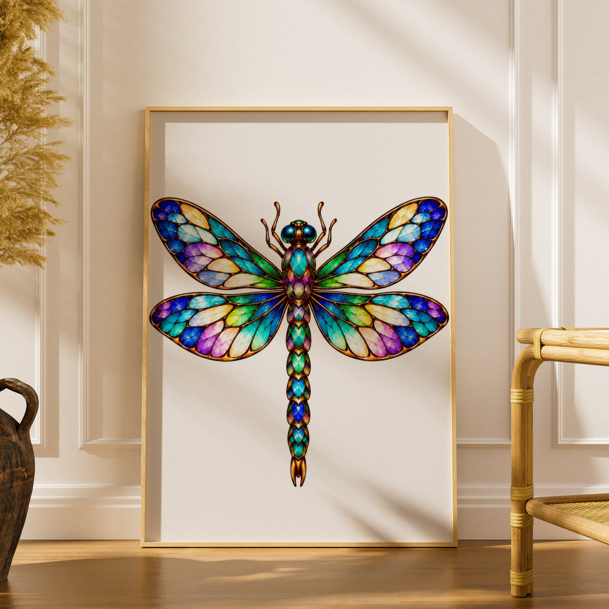 Stained Glass Dragonfly Poster, Colourful Jewelled Insect Wall Art, Rainbow Wings Art Nouveau Print, Boho Nature Bedroom Decor Gift