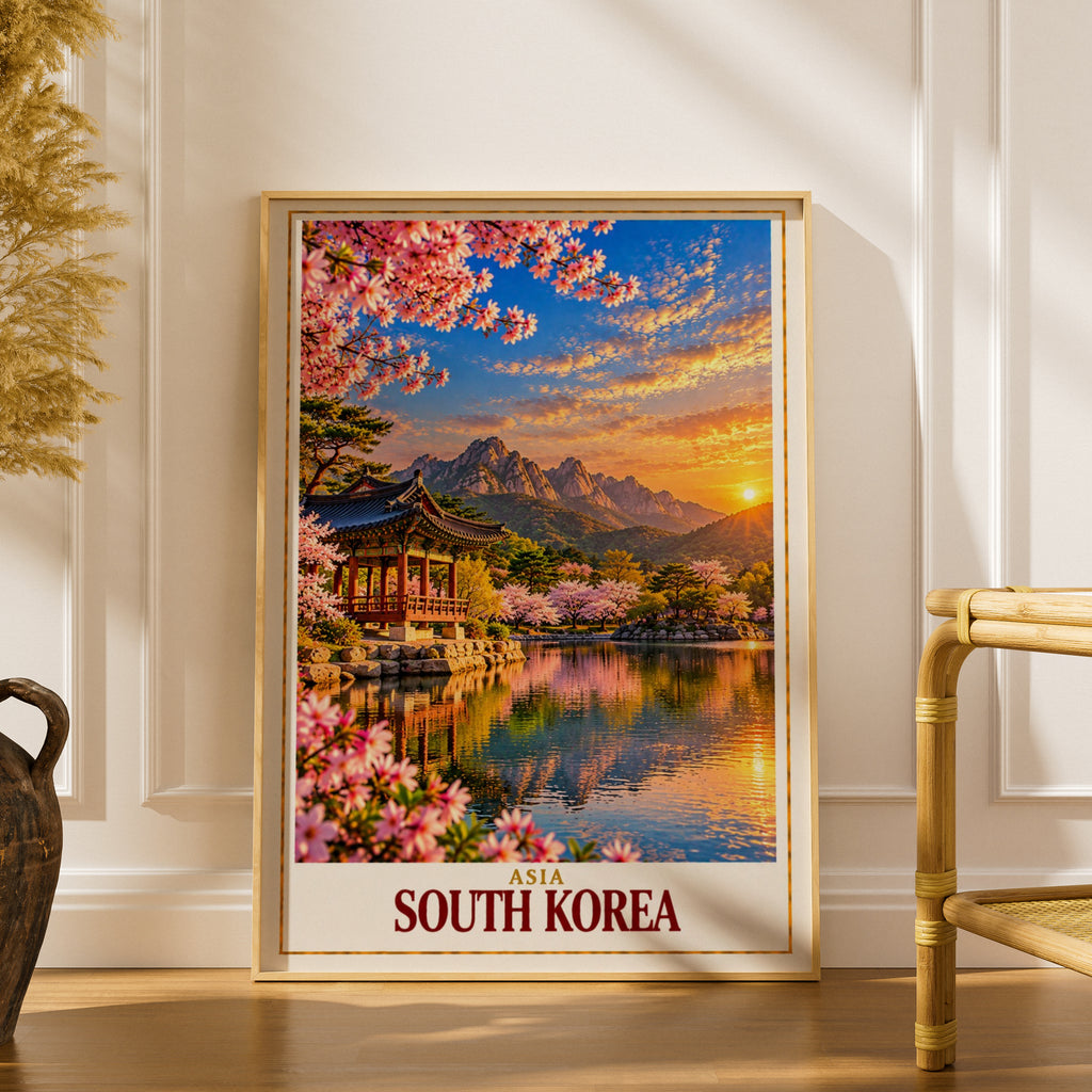 South Korea Travel Poster, Korean Pavilion Cherry Blossom Wall Art, Asia Sunset Landscape Print, Seoul Inspired Home Decor Gift