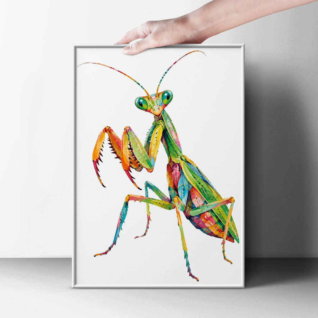 Colourful Praying Mantis Poster, Vibrant Insect Wall Art, Bold Bug Print, Nature Lover Gift, Quirky Wildlife Decor for Home or Office