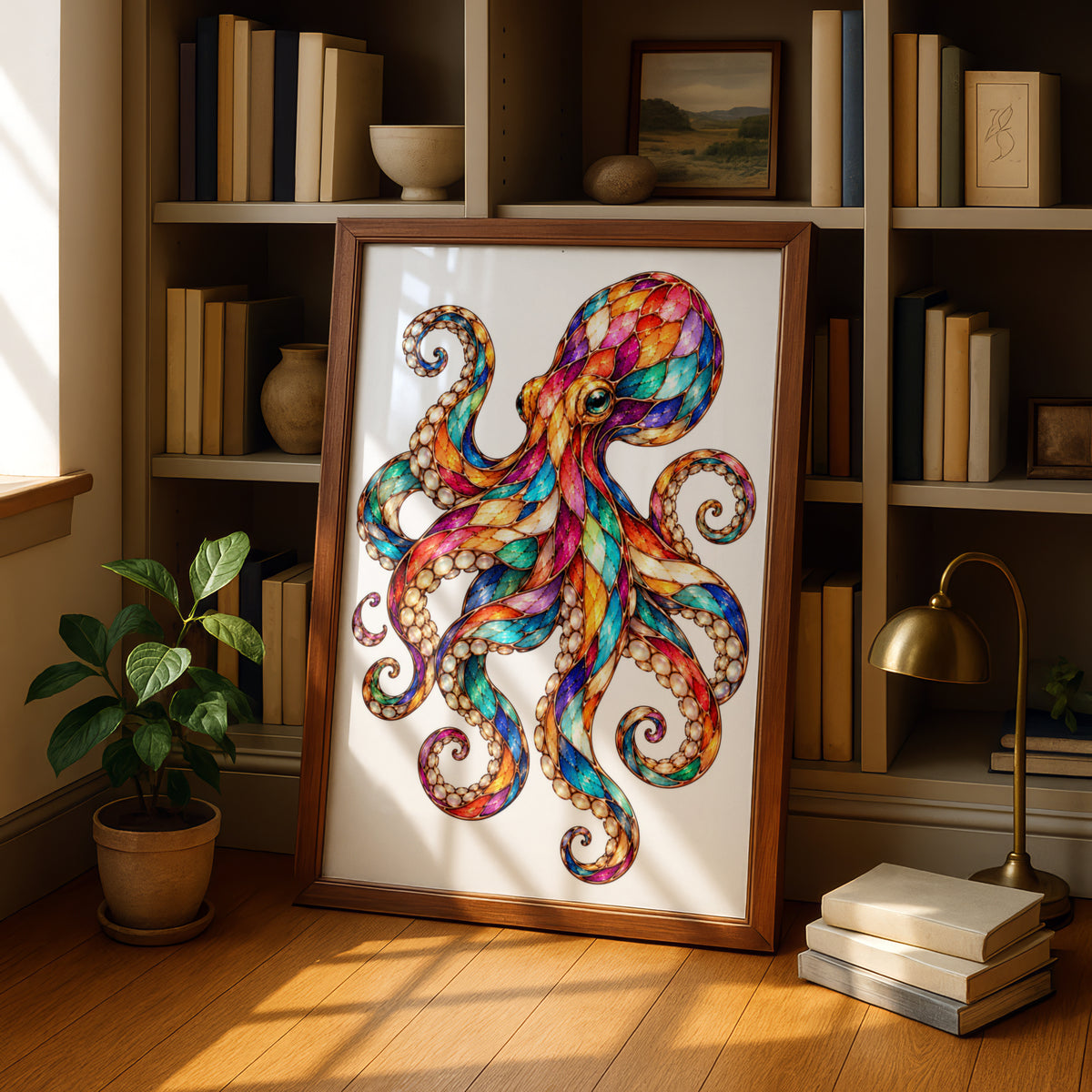 Colourful Octopus Poster, Stained Glass Style Wall Art, Jewelled Sea Creature Print, Ocean Animal Art, Boho Coastal Decor, Vibrant Fantasy
