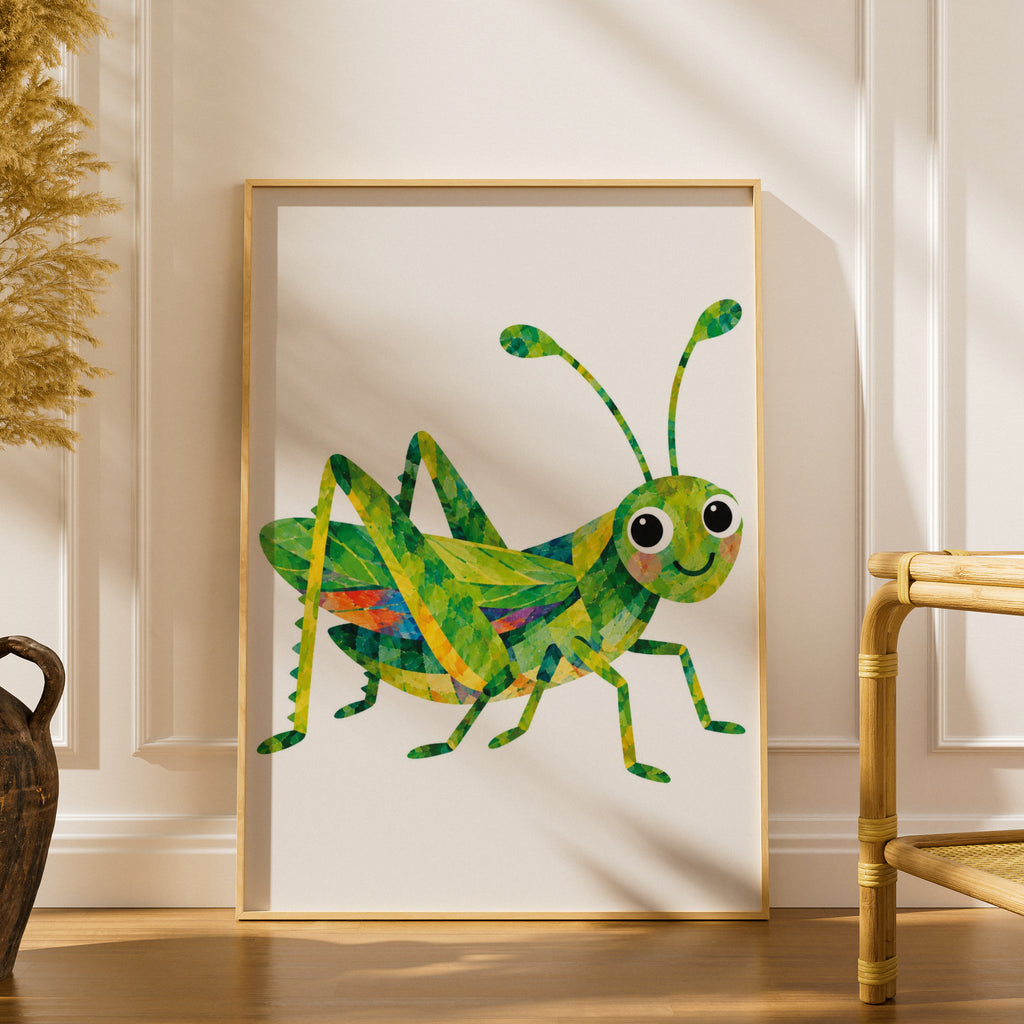 Colourful Grasshopper Poster, Cute Bug Wall Art for Kids, Children's Room Insect Print, Bright Green Collage Style Nursery Decor