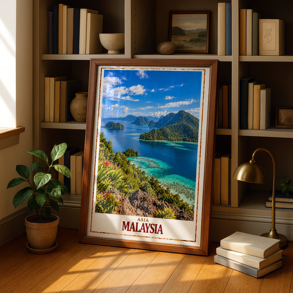 Malaysia Travel Poster, Tropical Island Wall Art, Southeast Asia Print, Turquoise Ocean, Jungle Landscape, Holiday Gift for Travellers