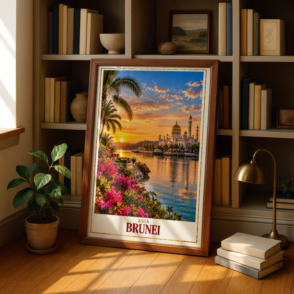Brunei Travel Poster, Omar Ali Saifuddien Mosque Wall Art, Southeast Asia Sunset Print, Bandar Seri Begawan Decor, Golden Dome Mosque Poster