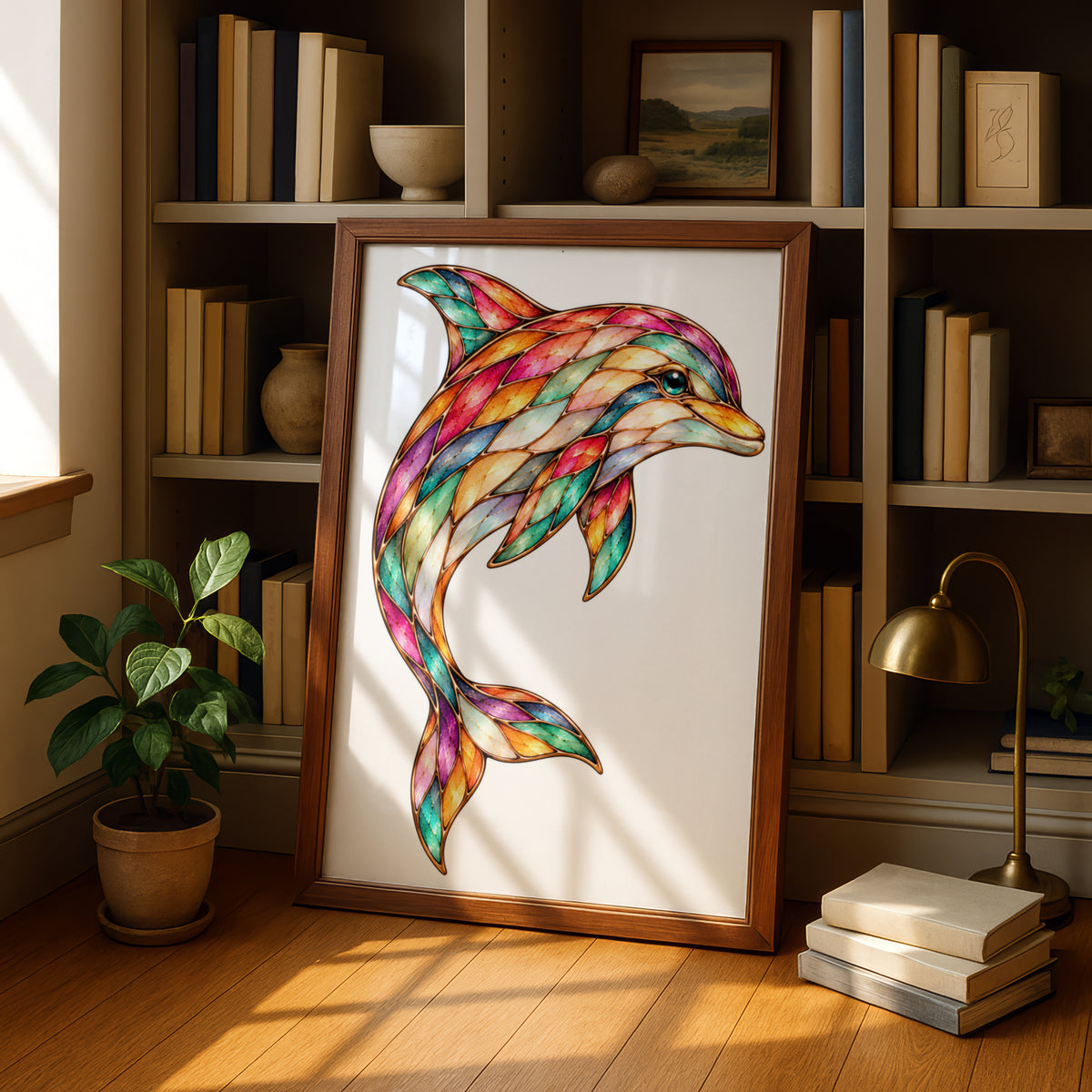 Colourful Dolphin Poster, Stained Glass Style Ocean Wall Art, Mosaic Marine Animal Print, Coastal Home Decor, Rainbow Sea Life Gift