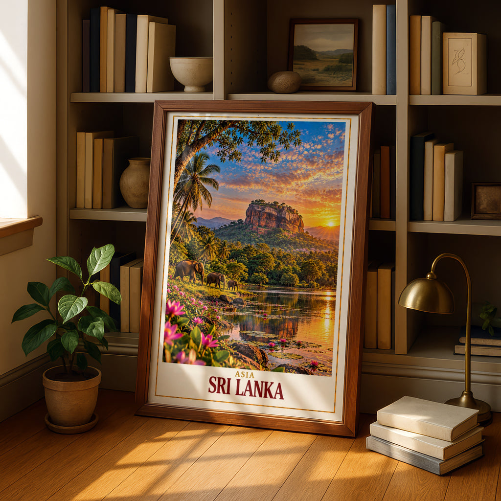 Sri Lanka Travel Poster, Sigiriya Rock Elephant Sunset Wall Art, Tropical Asia Print, Living Room Decor, Wanderlust Gift for Travellers