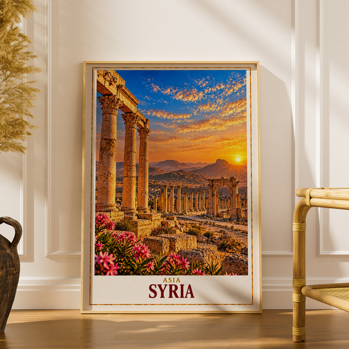 Syria Travel Poster, Palmyra Roman Ruins Wall Art, Ancient Columns Sunset Print, Middle East Archaeological Site, Historical Decor Gift