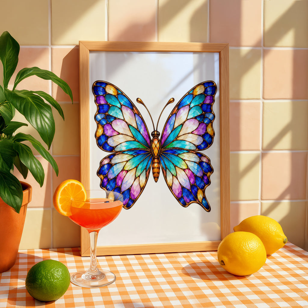 Stained Glass Butterfly Poster, Colourful Butterfly Wall Art, Blue Purple Gold Wings Print, Boho Bedroom Decor, Nature Lover Gift Poster