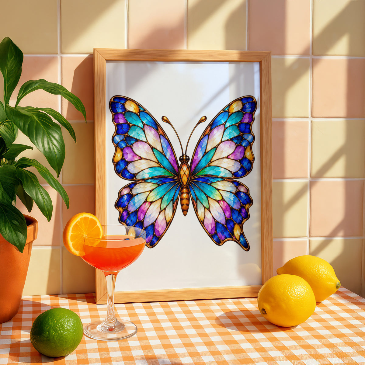 Stained Glass Butterfly Poster, Colourful Butterfly Wall Art, Blue Purple Gold Wings Print, Boho Bedroom Decor, Nature Lover Gift Poster