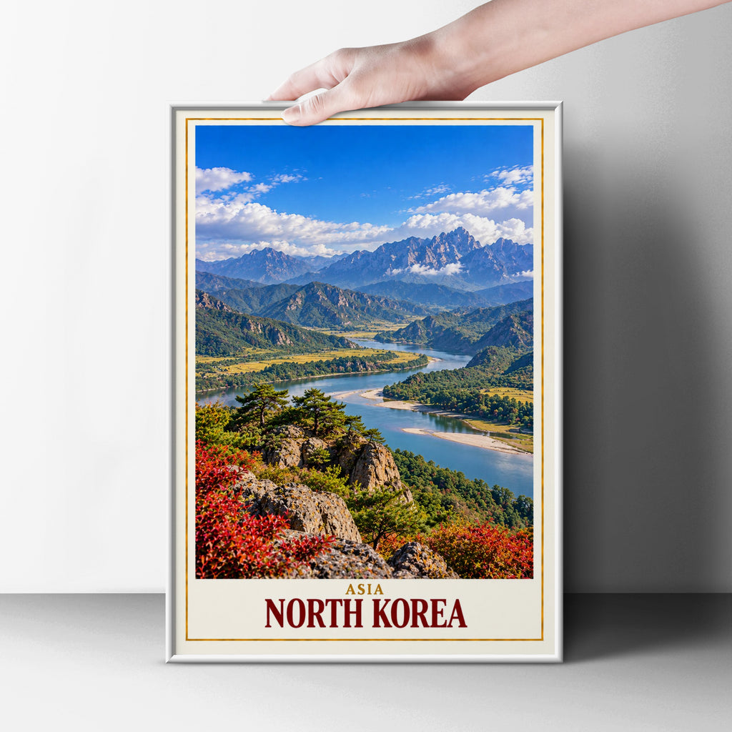 North Korea Travel Poster, Asian Mountain Landscape Wall Art, River Valley Print, Korea Scenic Nature Poster, Living Room Gallery Wall Decor
