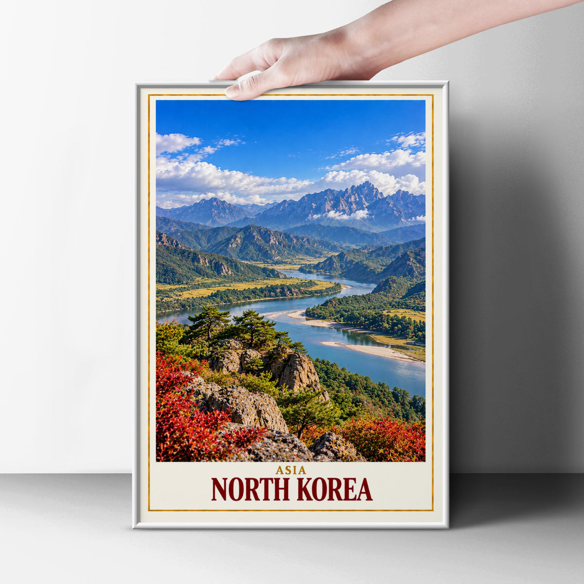 North Korea Travel Poster, Asian Mountain Landscape Wall Art, River Valley Print, Korea Scenic Nature Poster, Living Room Gallery Wall Decor