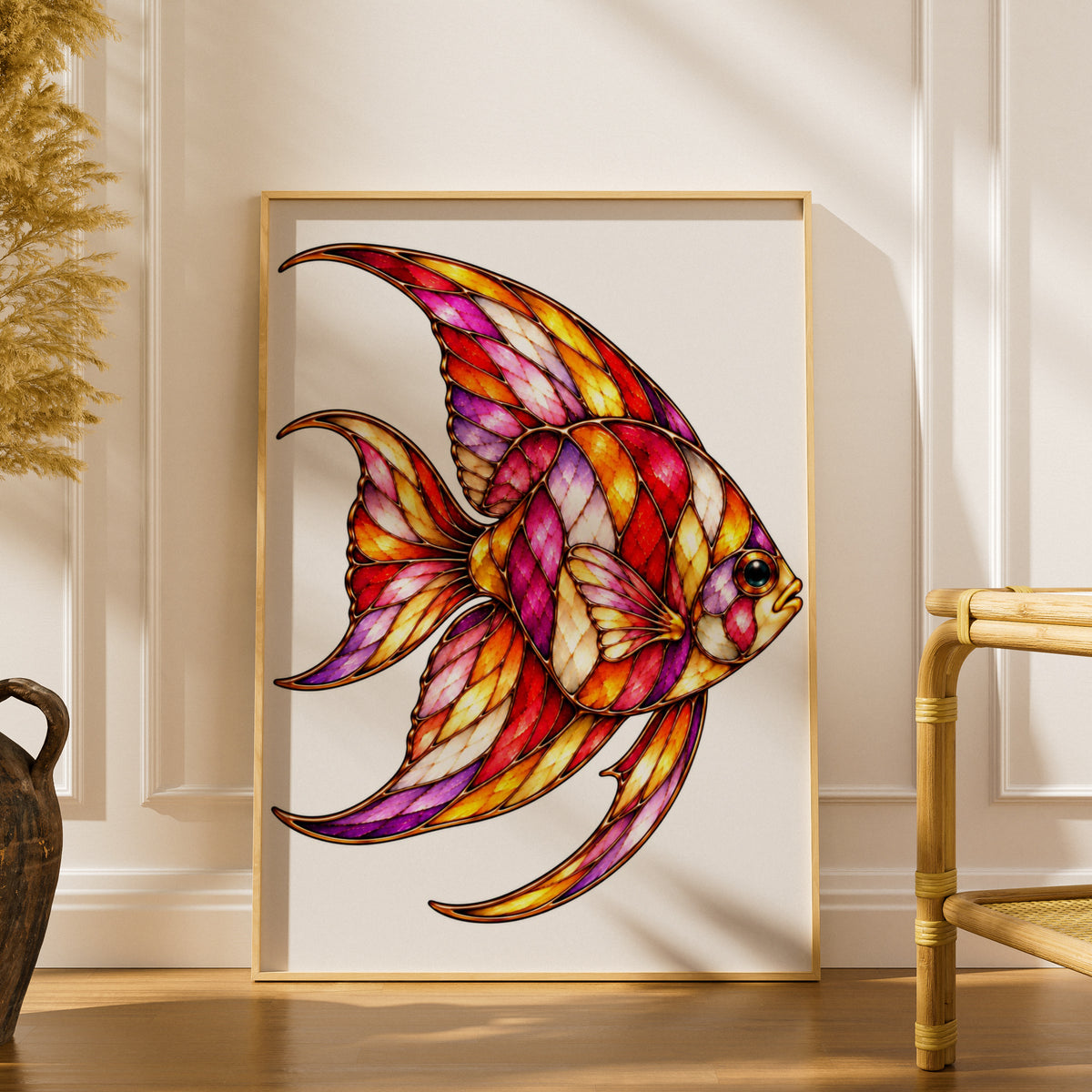 Stained Glass Angelfish Poster, Colourful Fish Wall Art, Vibrant Ocean Art Print, Tropical Fish Decor, Red Gold Purple Bathroom Bedroom