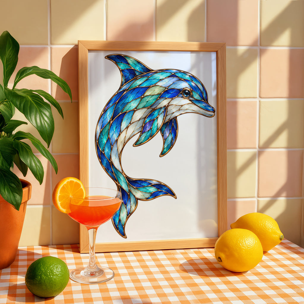 Stained Glass Dolphin Poster, Blue Teal Ocean Wall Art, Mosaic Style Dolphin Print, Coastal Nautical Decor, Marine Wildlife Art Gift