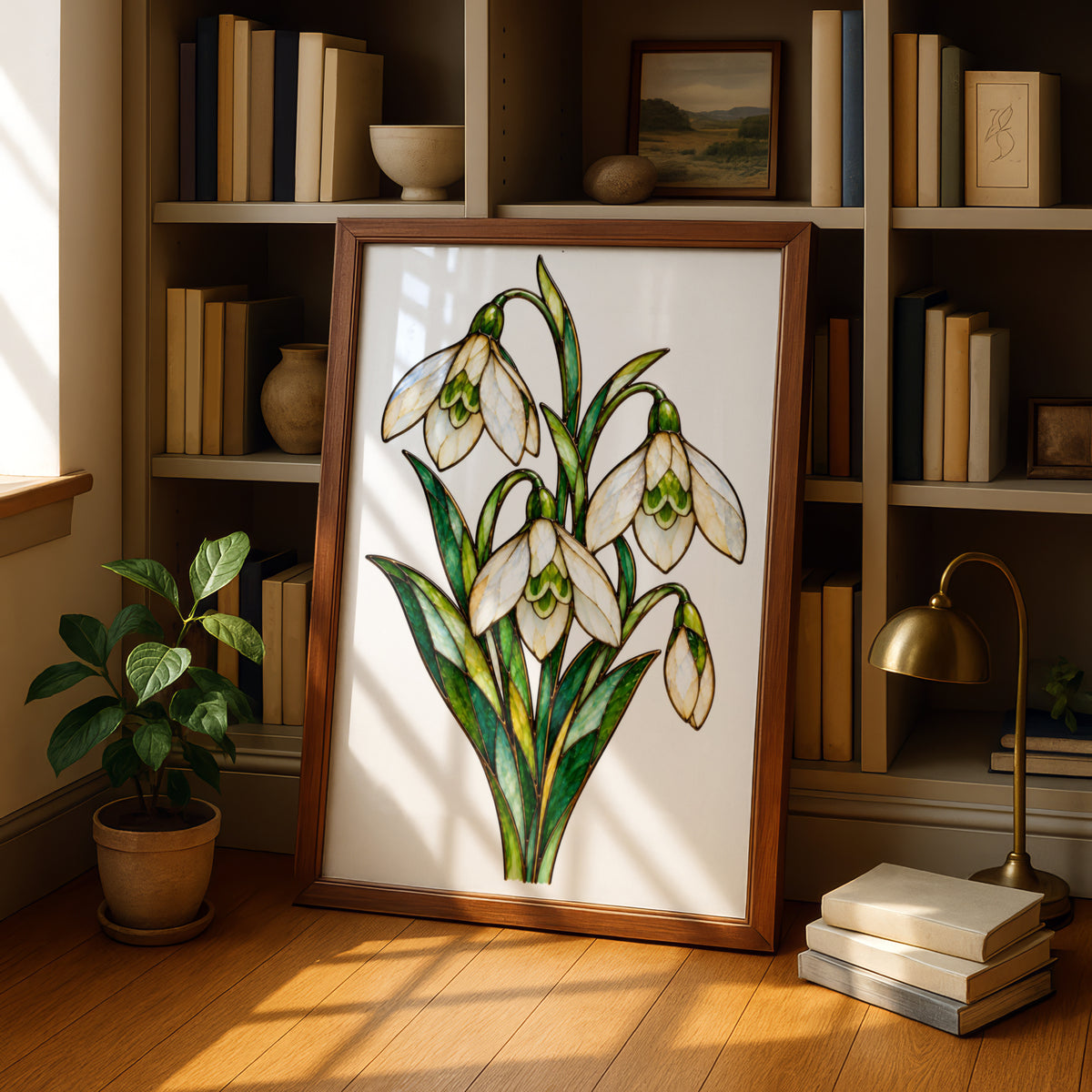 Snowdrop Flower Stained Glass Style Poster, Botanical Wall Art, Spring Floral Print, Green White Galanthus Art Nouveau Home Decor Gift