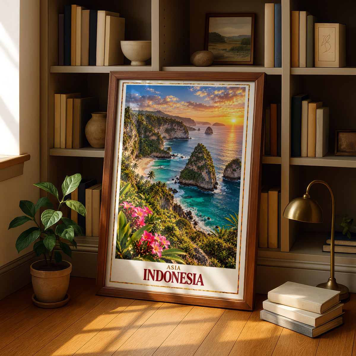 Indonesia Travel Poster, Tropical Island Sunset Wall Art, Bali Coastal Cliff Print, Turquoise Ocean Beach, Asia Travel Decor, Holiday Gift