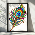 Peacock Feather Poster, Stained Glass Style Wall Art, Colourful Boho Print, Jewel Tone Home Decor, Gold Art Nouveau Feather Print