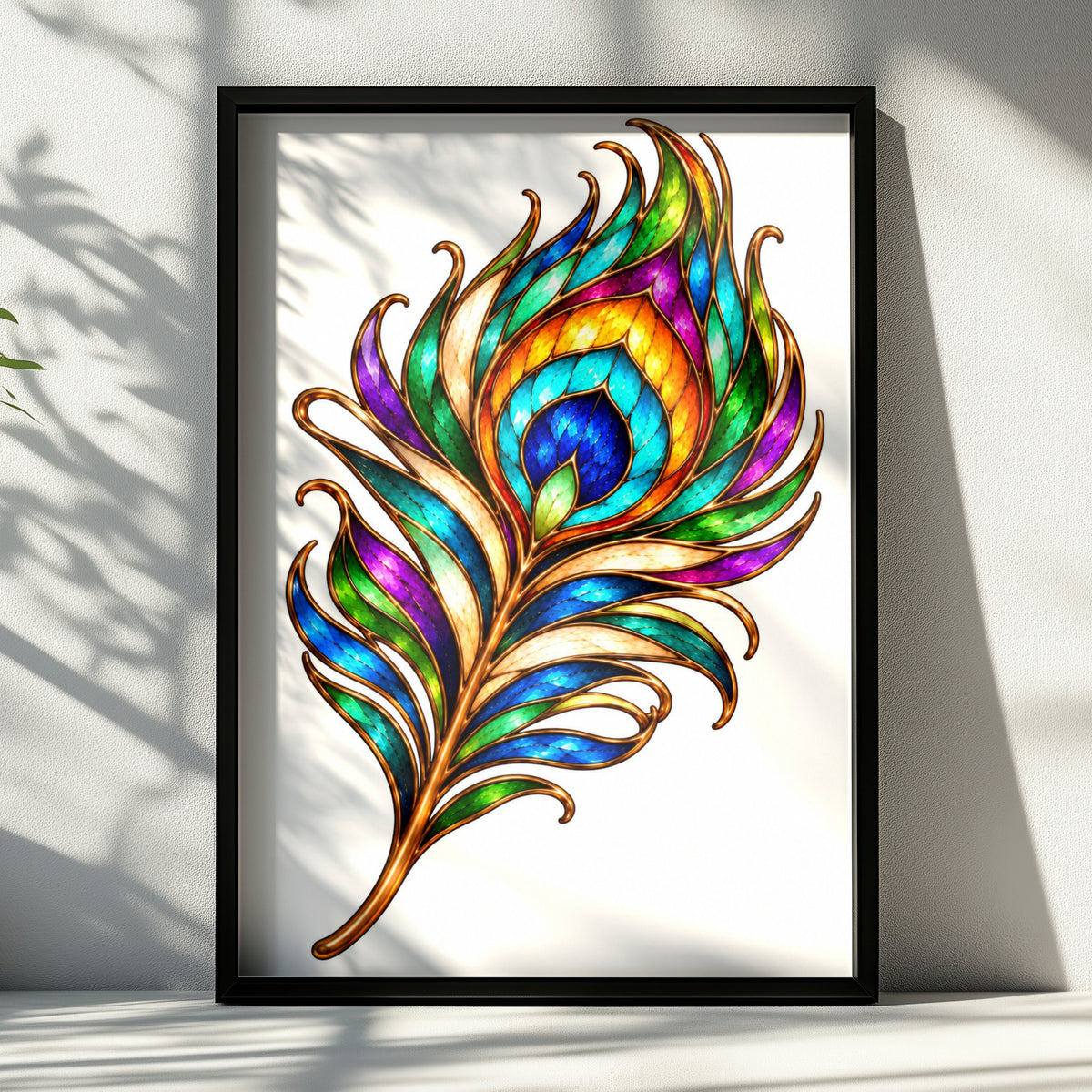 Peacock Feather Poster, Stained Glass Style Wall Art, Colourful Boho Print, Jewel Tone Home Decor, Gold Art Nouveau Feather Print