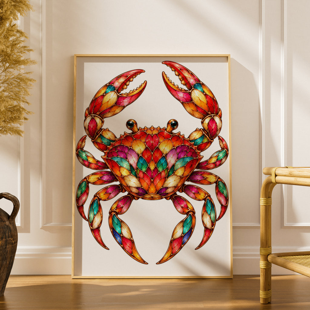 Colourful Crab Poster, Stained Glass Style Wall Art, Vibrant Ocean Print, Coastal Home Decor, Nautical Gift, Sea Life Art Print