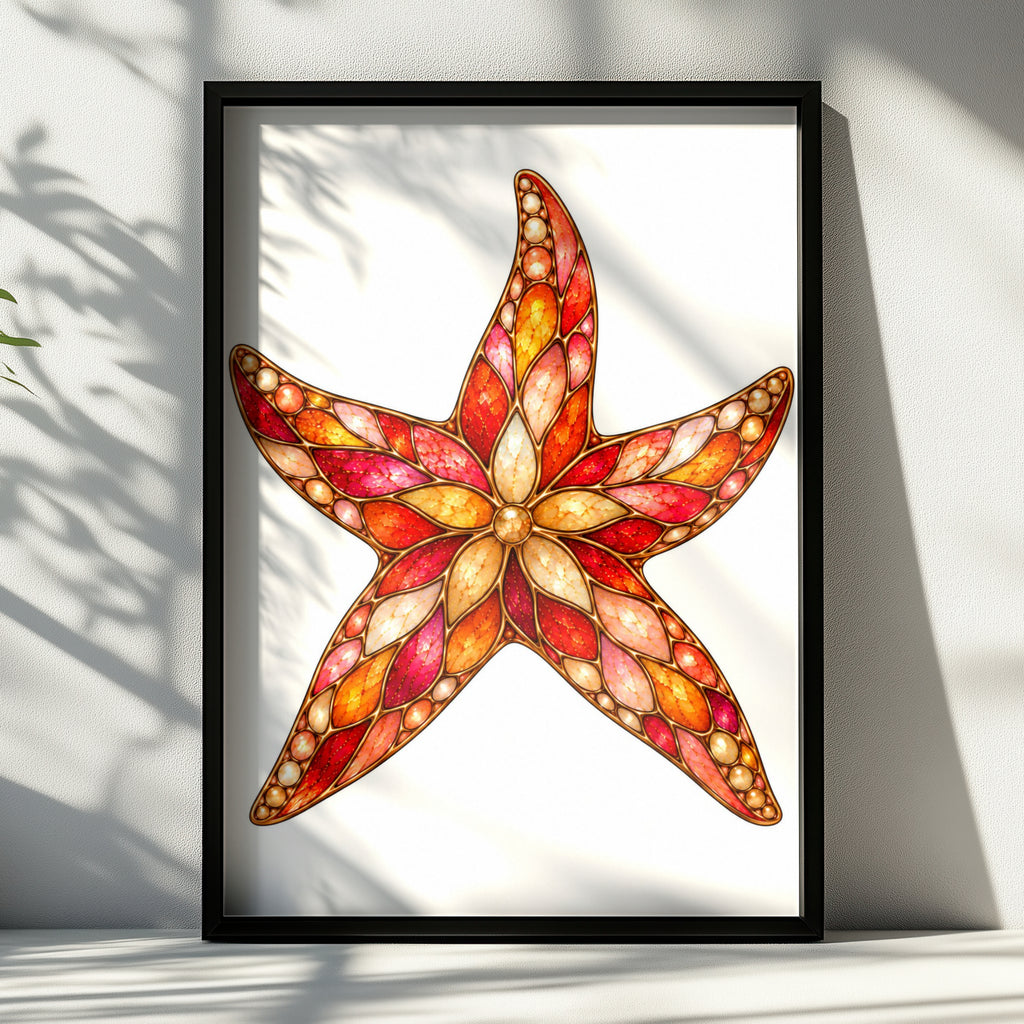 Jewelled Starfish Poster, Stained Glass Ocean Art Print, Red Orange Coastal Wall Art, Nautical Home Decor, Sea Creature Illustration