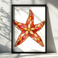 Jewelled Starfish Poster, Stained Glass Ocean Art Print, Red Orange Coastal Wall Art, Nautical Home Decor, Sea Creature Illustration