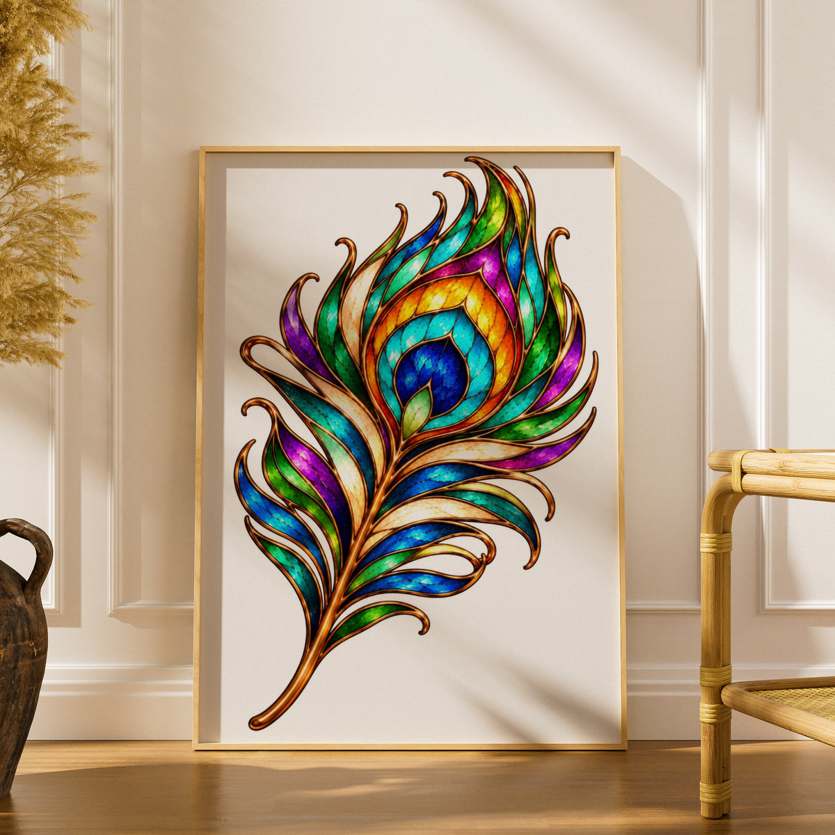 Peacock Feather Poster, Stained Glass Style Wall Art, Colourful Boho Print, Jewel Tone Home Decor, Gold Art Nouveau Feather Print