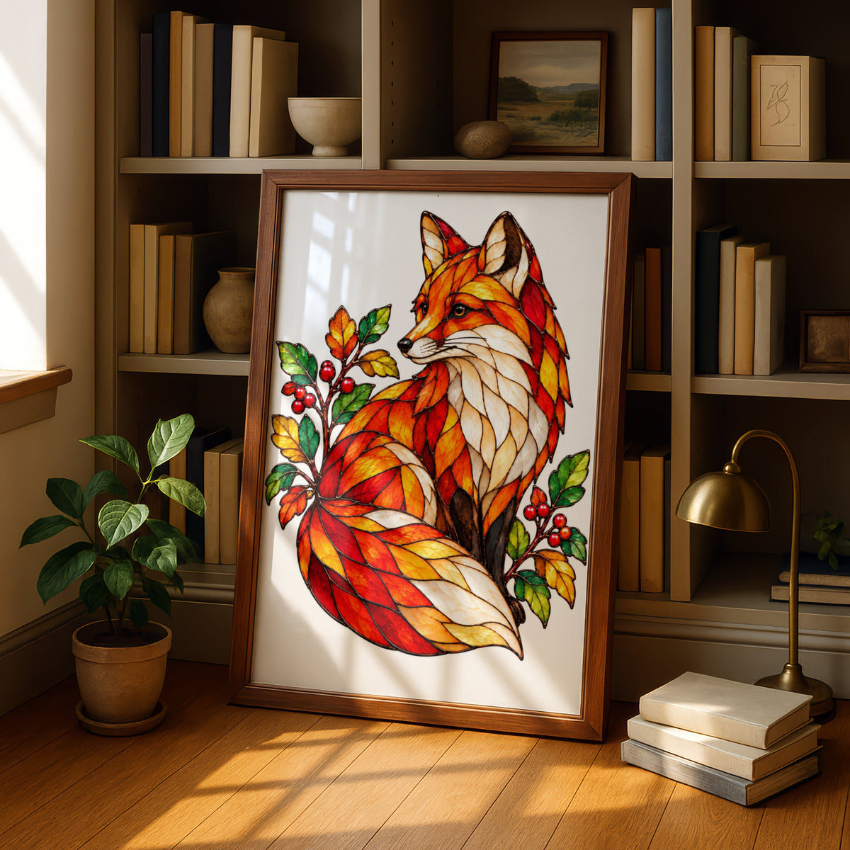 Stained Glass Fox Poster, Autumn Wildlife Wall Art, Red Orange Fox Print, Botanical Berry Decor, Nature Lover Gift, Living Room Art Poster