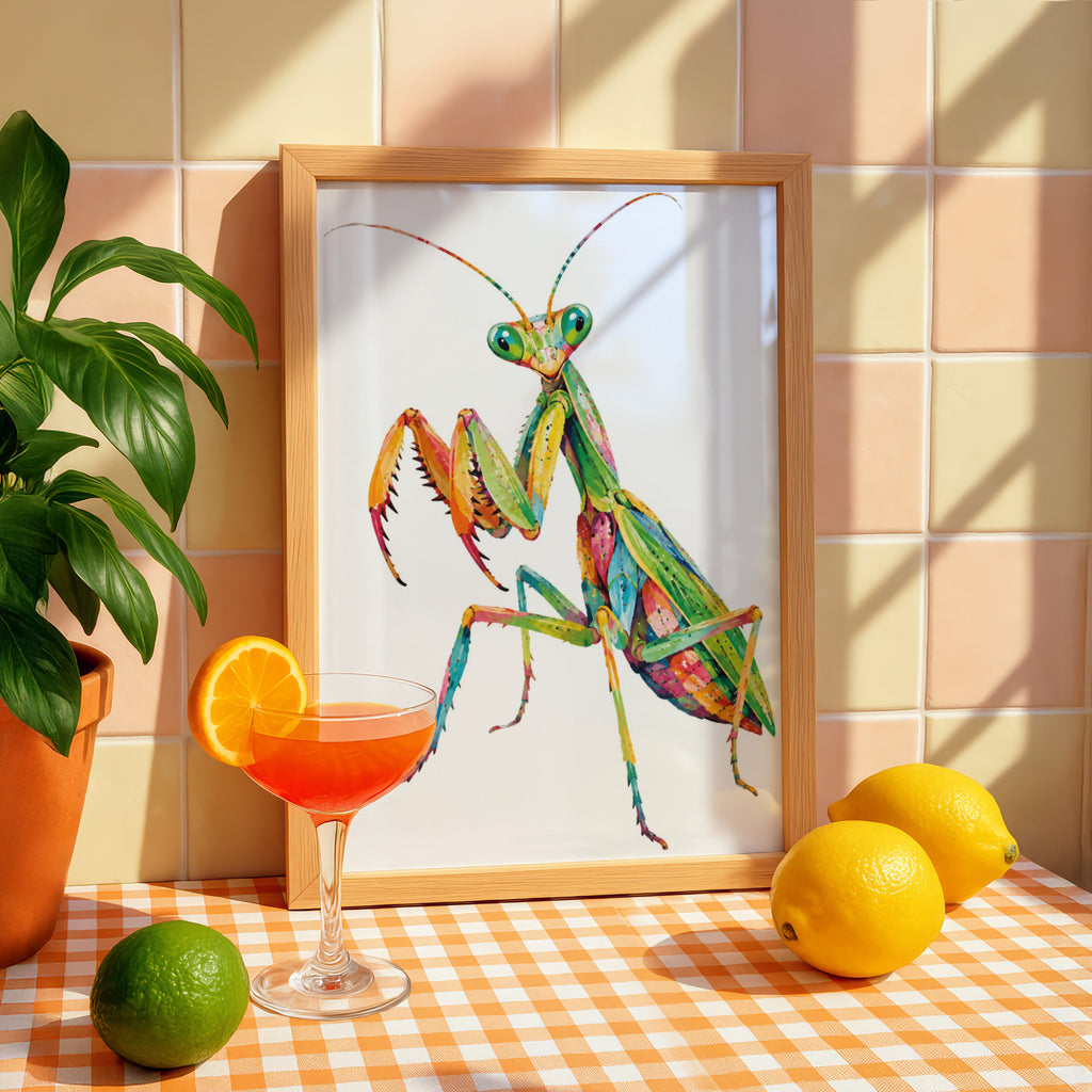 Colourful Praying Mantis Poster, Vibrant Insect Wall Art, Bold Bug Print, Nature Lover Gift, Quirky Wildlife Decor for Home or Office