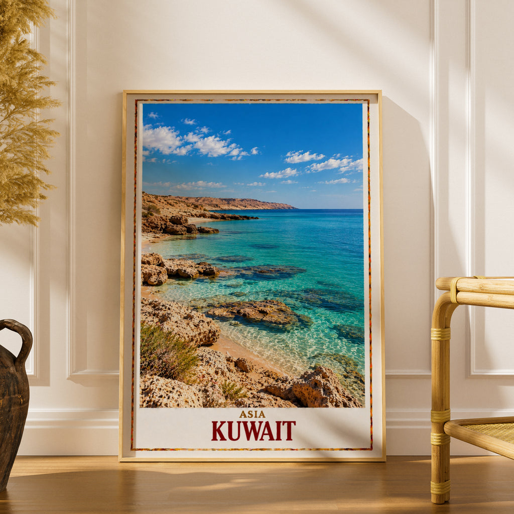 Kuwait Travel Poster, Middle East Coastal Wall Art, Turquoise Sea Print, Arabian Gulf Beach Decor, Asia Travel Gift, Rocky Shoreline Poster