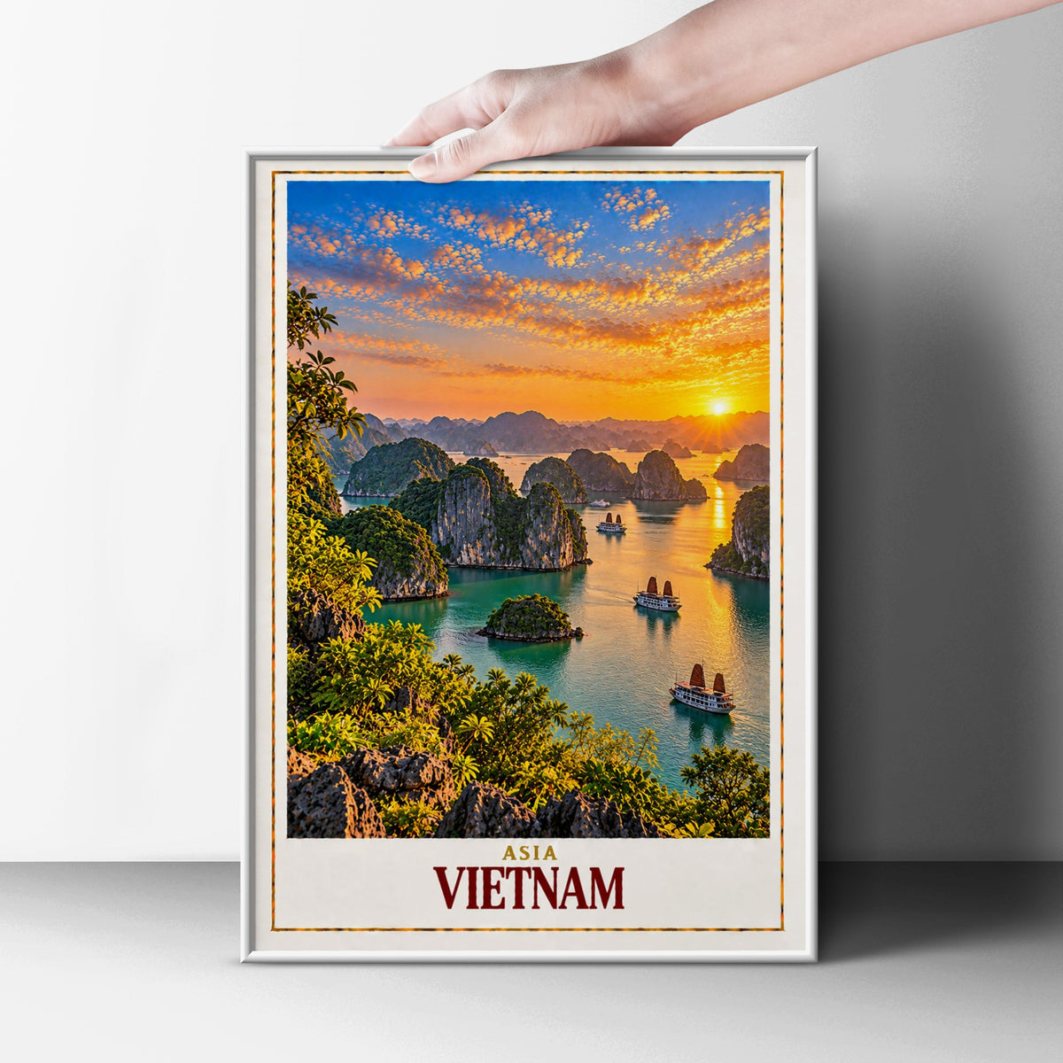 Vietnam Travel Poster, Ha Long Bay Sunset Print, Junk Boat Wall Art, Teal Water Karst Landscape, Asian Travel Gift, Living Room Decor