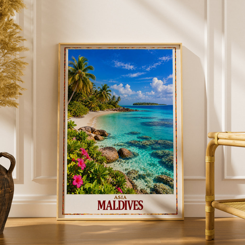 Maldives Travel Poster, Tropical Island Beach Print, Turquoise Ocean Wall Art, Palm Tree Paradise, Asian Holiday Gift, Coastal Home Decor