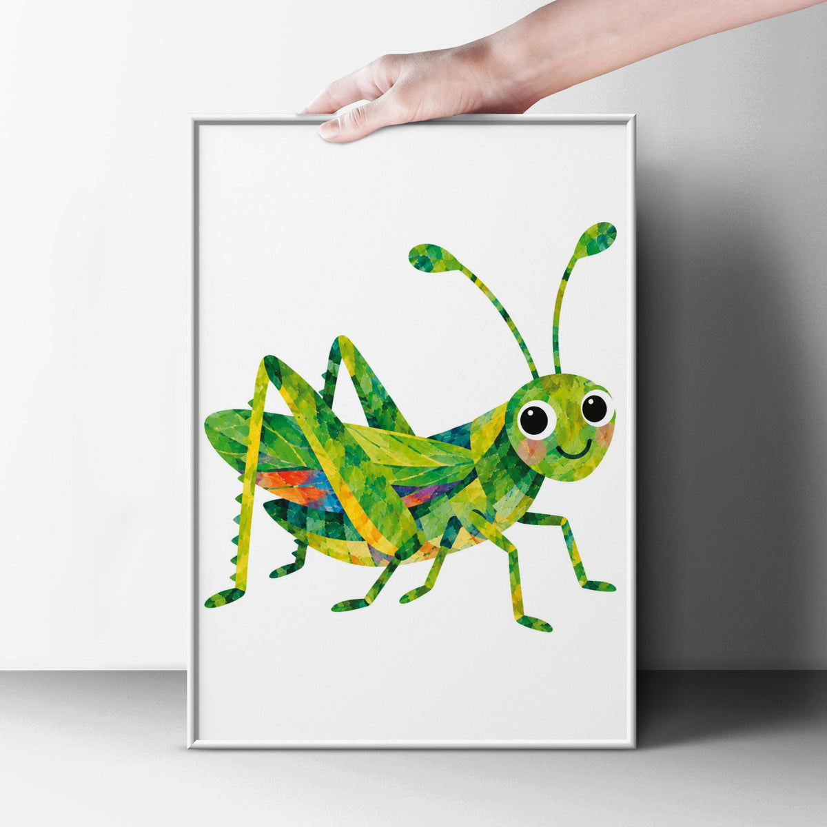 Colourful Grasshopper Poster, Cute Bug Wall Art for Kids, Children's Room Insect Print, Bright Green Collage Style Nursery Decor