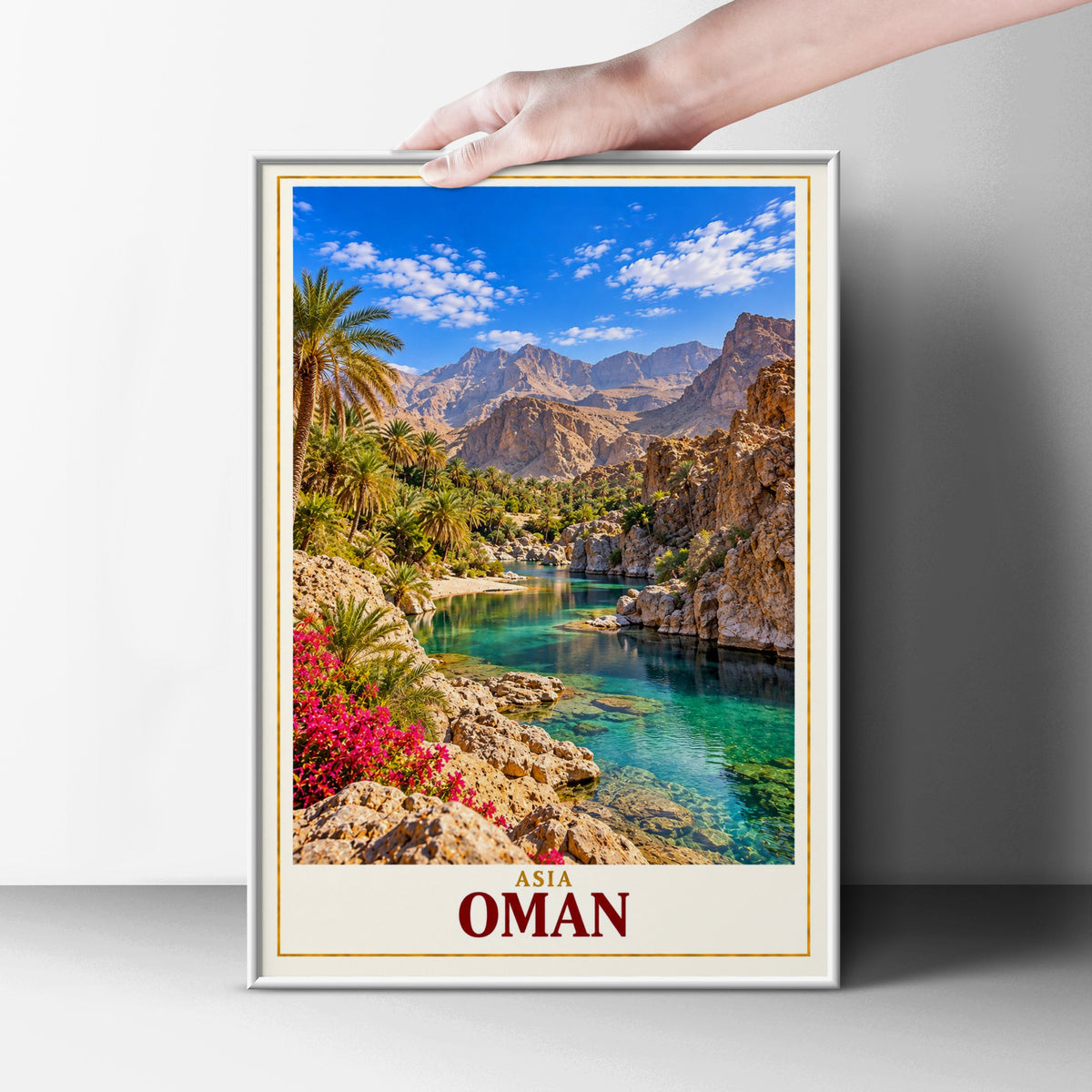 Oman Travel Poster, Wadi Oasis Wall Art, Middle East Landscape Print, Turquoise Water Palm Trees, Living Room Bedroom Decor Gift