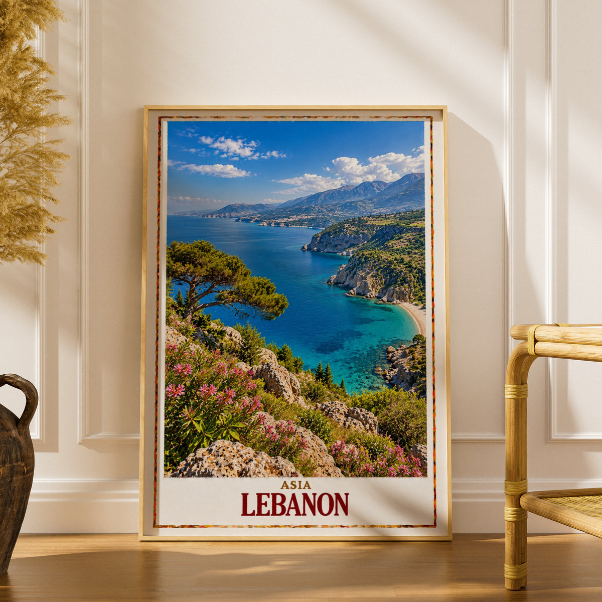 Lebanon Travel Poster, Mediterranean Coast Wall Art, Middle East Print, Turquoise Sea Coastal Landscape, Living Room Decor Gift