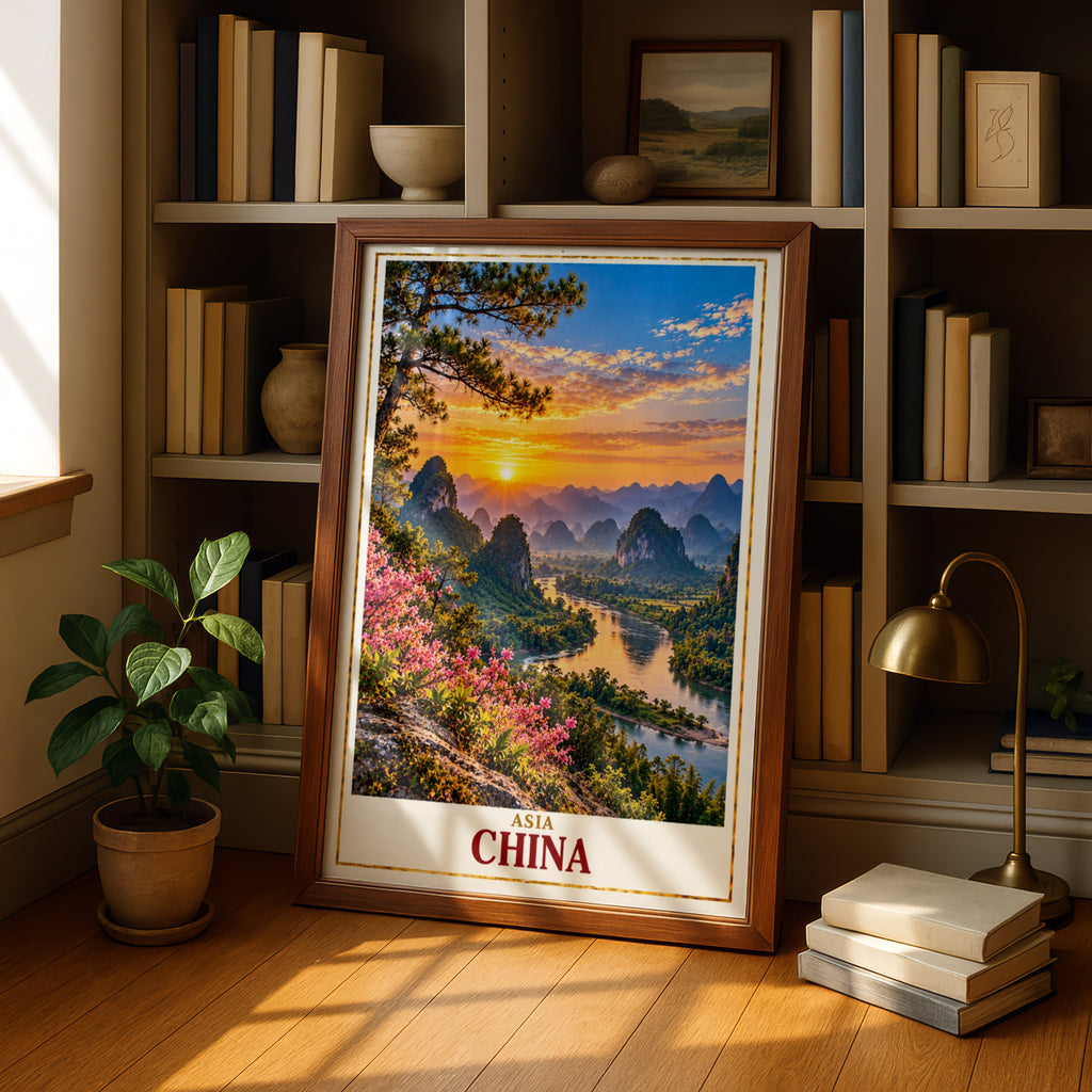 China Travel Poster, Guilin Karst Mountains Li River Sunset Wall Art, Asian Landscape Print, Living Room Decor, China Gift for Travellers